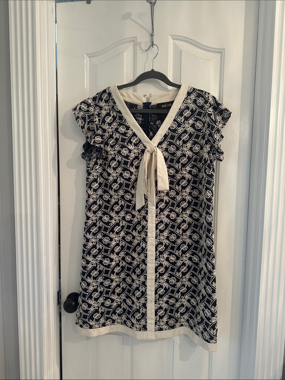 fab'rik Navy & Cream Printed Tie-Neck Short Sleeve Dress